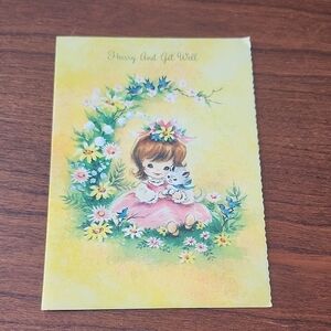 Vintage Get Well Card with Girl and Cat